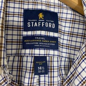 Stafford Mens Travel Performance Plaid Dress Shirt Blue Brown 14.5 32-33 Regular